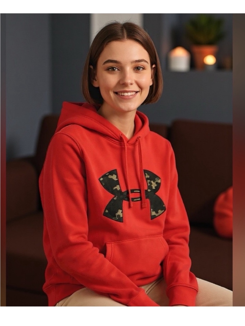Under Armour Red Hoodie with Camo Logo | Women’s Large (Loose Fit)